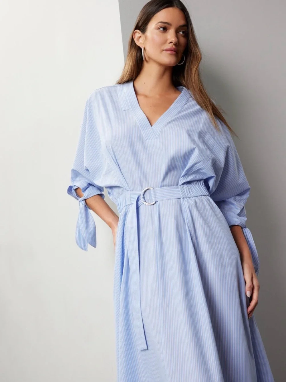 3.1 Phillip Lim Light Blue Striped V-Neck Belted Midi Dress